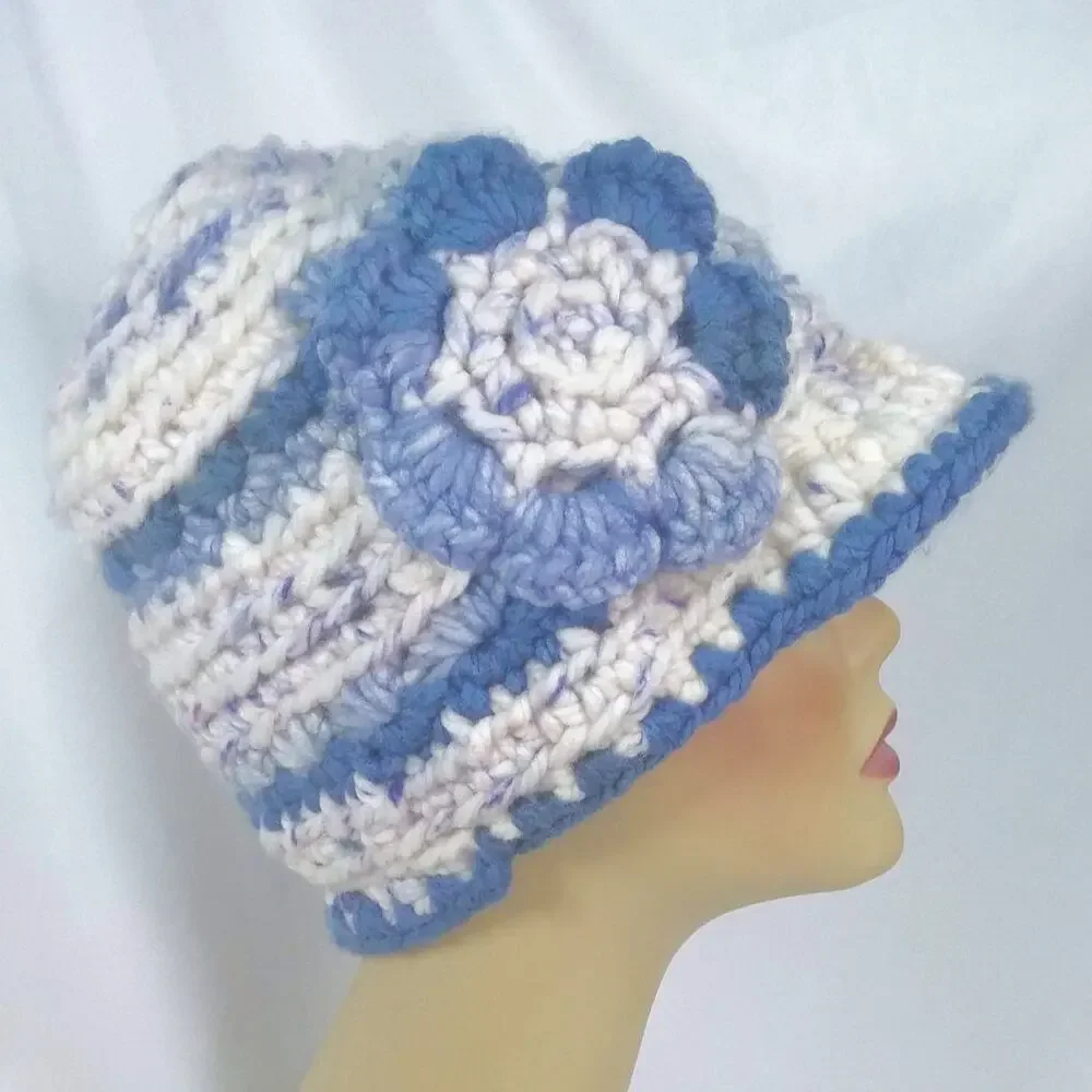 Crochet Newsboy Beanie Brim Handmade Hat Warm Blue Cream Colors Flower Cozy New